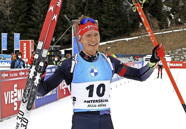 Dauerstrahlen im Gesicht: Benedikt Dol...einem Biathlon-Weltcupsieg in Antholz   | Foto: Luciano Solero via www.imago-images.de