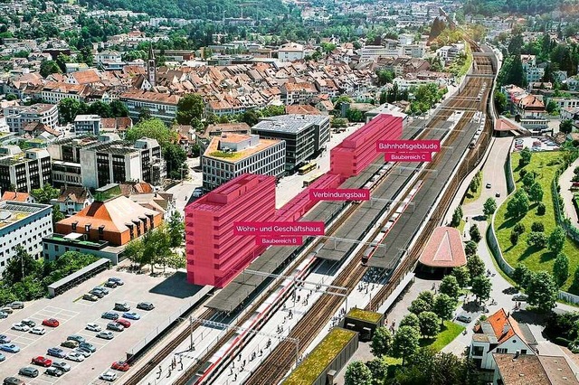 Ende 2024 sollen das neue Bahnhofsgeb...nrot, von rechts) fertiggestellt sein.  | Foto: SBB