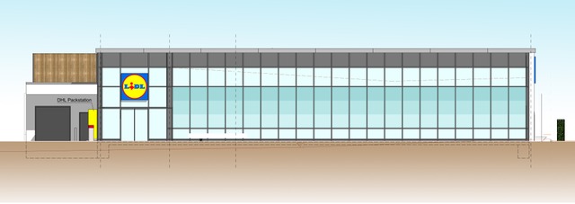 So werden die Kunden den zuknftigen L... werden soll, vom Parkplatz aus sehen.  | Foto: Waltersberger Architektur/Lidl Dienstleistung GmbH&Co KG