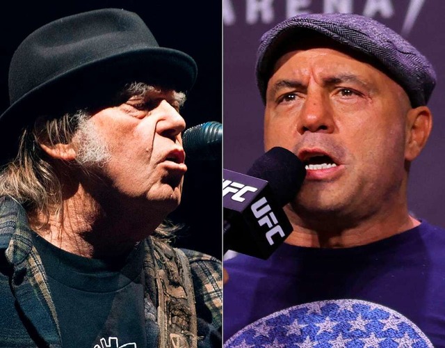 Neil Young und Joe Rogan, der lange al...schweren Podcast bei Spotify betreibt.  | Foto: ALICE CHICHE, CARMEN MANDATO (AFP)
