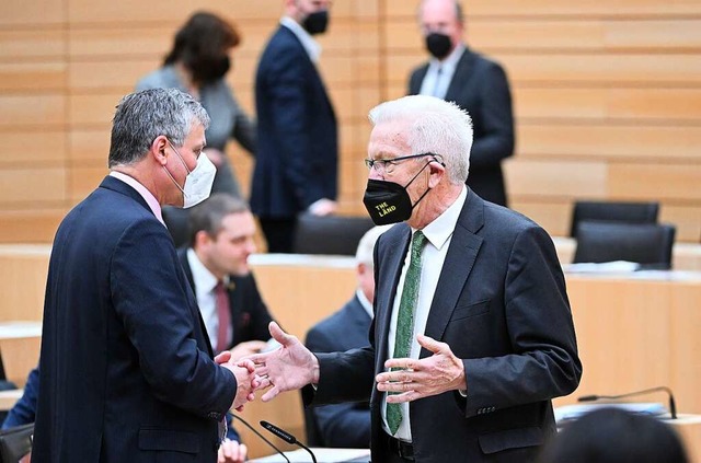 Im Austausch: FDP-Fraktionsvorsitzende...lke (links)  und Winfried Kretschmann  | Foto: Bernd Weibrod (dpa)