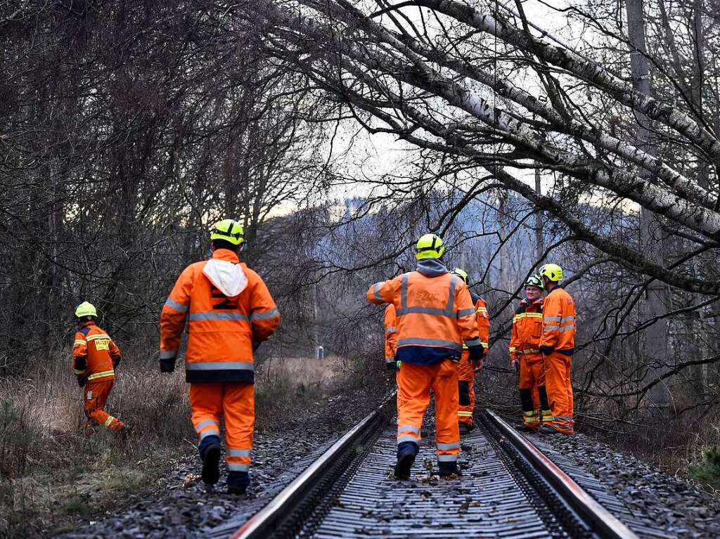 Einsatzkrfte der Eisenbahnverwaltung entfernen einen umgestrzten Baum auf einem Gleis auf der Bahnstrecke nach Havlickuv Brod.