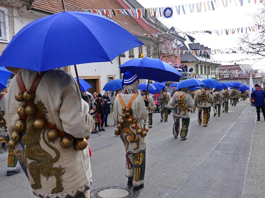 Die Bonndorfer Pflumeschlucker eroberten das Bonndorfer Rathaus. Narrenrat, Hansele und Stadtmusik zogen in den kontrollierten Bereich ums Rathaus ein.