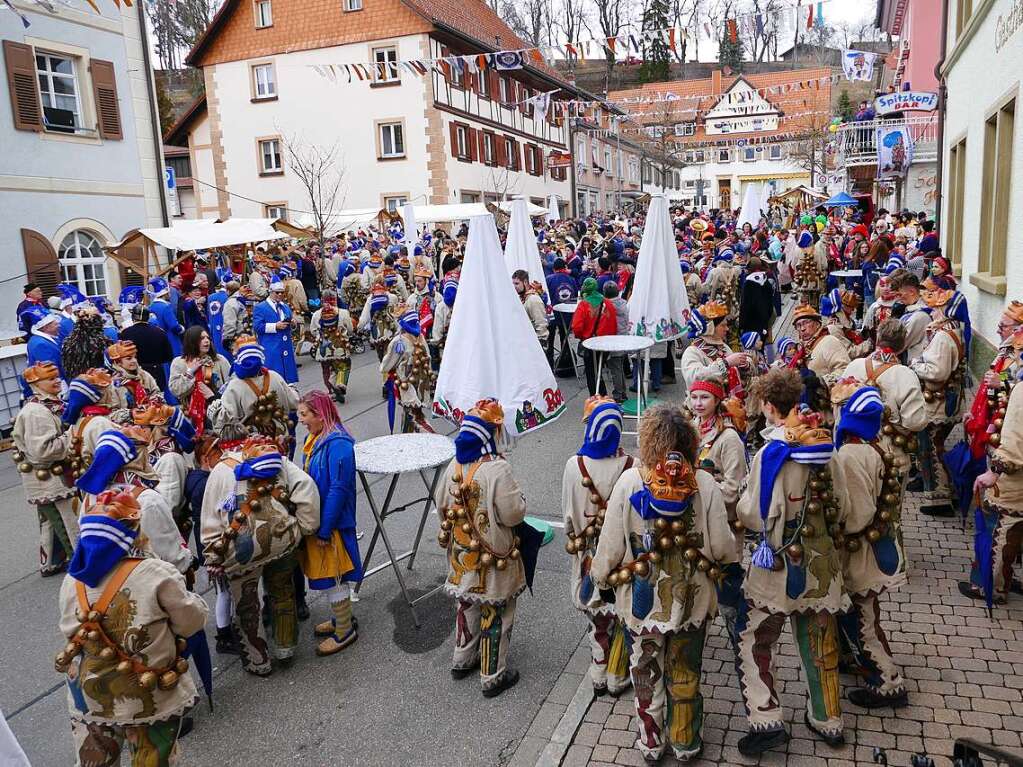 Die Bonndorfer Pflumeschlucker eroberten das Bonndorfer Rathaus. Narrenrat, Hansele und Stadtmusik zogen in den kontrollierten Bereich ums Rathaus ein.