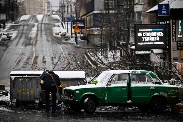 Diese Foto wurde heute in Kiew aufgeno...fneter steht an einer Straenblockade.  | Foto: ARIS MESSINIS (AFP)