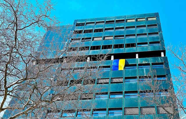 Die ukrainische Flagge am Lrracher Rathaus  | Foto: Barbara Ruda