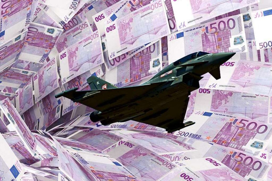 Geld aus dem Sondervermögen des Bundes...ge vom Typ Eurofighter gesteckt werden  | Foto: ufotopixl10 (Euroscheine), Andrew Dunn (stock.adobe.com)