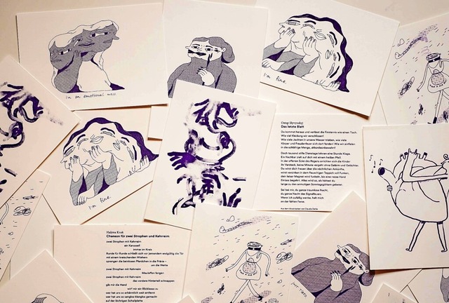 Diese Gedichte und Illustrationen von ...stlern sind auf  Postkarten gedruckt.   | Foto: Anna Ausheva