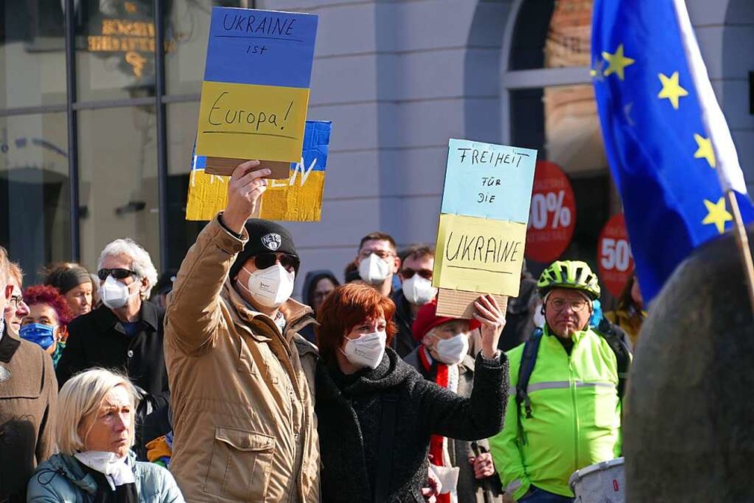 Die Ukraine gehört zu Europa: Botschaften bei der Kundgebung.  | Foto: Helmut Seller