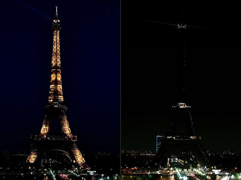 Eiffelturm mit und ohne Beleuchtung  | Foto: STEPHANE DE SAKUTIN (AFP)