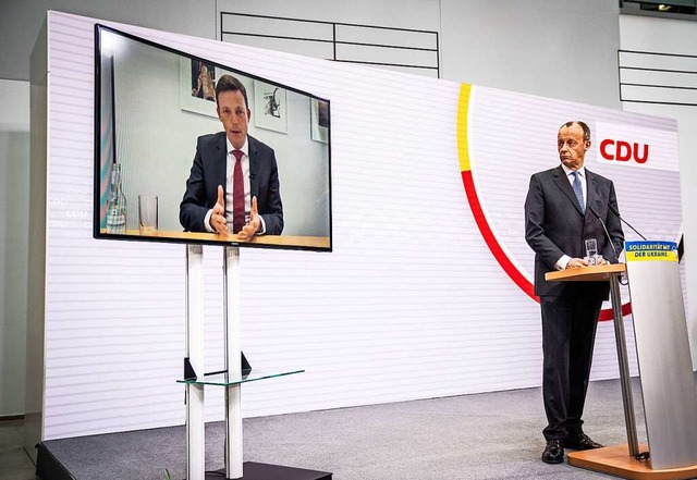 Friedrich Merz, CDU-Bundesvorsitzender...ferenz lediglich digital zugeschaltet.  | Foto: Michael Kappeler (dpa)