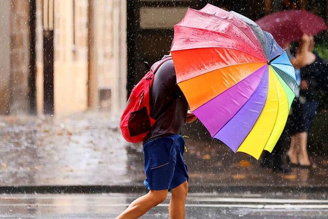 Eine Person mit einem Regenschirm geht im Zentrum von Sydney im Regen spazieren.  | Foto: Damian Shaw (dpa)