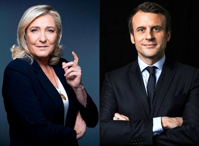 Es wird eine spannende Stichwahl um di...e Pen und Amtsinhaber Emmanuel Macron.  | Foto: JOEL SAGET, ERIC FEFERBERG (AFP)