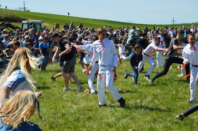 Spektakel  am Eichener See: Die Rckke...ele mischten als Eierdiebe selber mit.  | Foto: Edgar Steinfelder