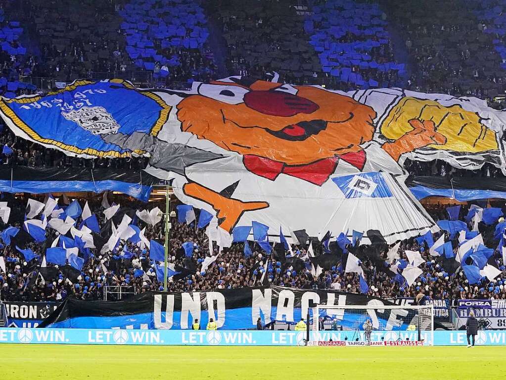 Fan-Choreografie der Hamburger Fans vor Spielbeginn auf der Tribne.