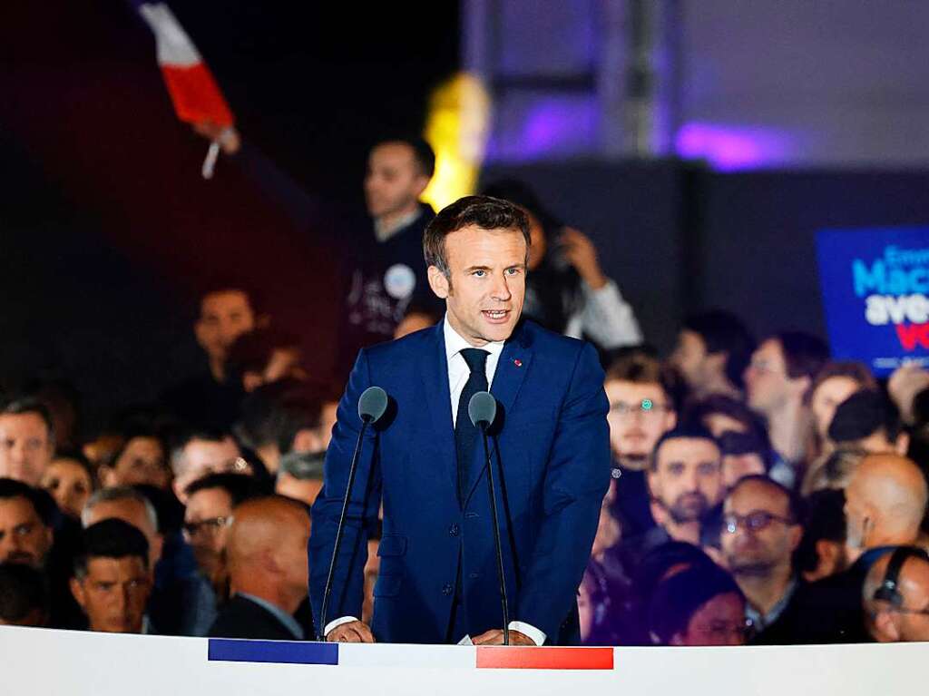 Emmanuel Macron bei seiner ersten Rede als wiedergewhlter Prsident am 24. April auf dem Marsfeld vor dem Eiffelturm in Paris