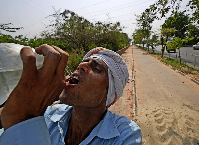 Ein Mann trinkt in der Hitze von Neu Delhi Wasser aus einer Flasche.  | Foto: Manish Swarup (dpa)