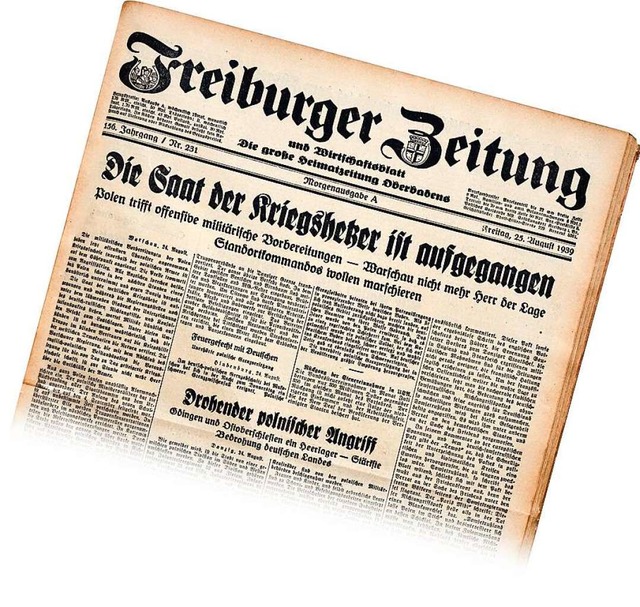 Titelblatt der gleichgeschalteten Freiburg Zeitung vom 25. August 1939.  | Foto: bz