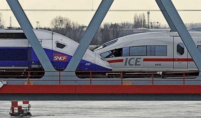 Ein ICE der Deutschen Bahn (rechts) und ein TGV auf einer Rheinbrcke  | Foto: Marijan Murat (dpa)