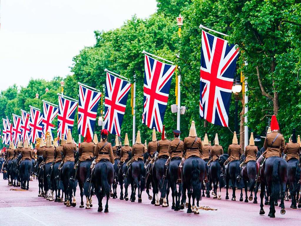 Truppen der Household Cavalry auf der Mall whrend einer frhmorgendlichen Probe vor dem Platin-Jubilumsfestzug am Sonntag (05.06.2022)