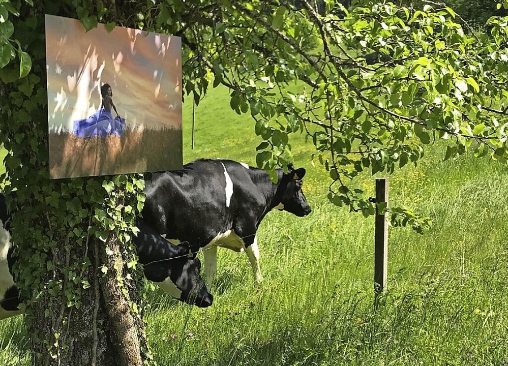 Ein Gemälde von Tamara Burk hängt in der Landschaft.   | Foto: ZVG