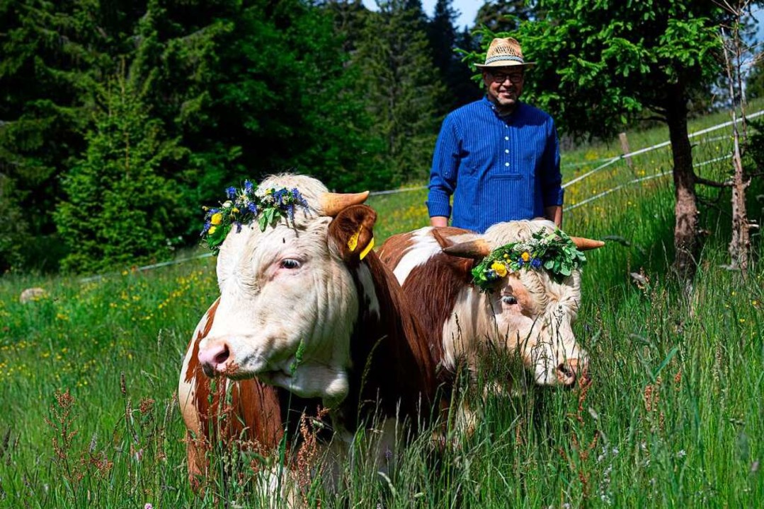 Mit einem Blumenkranz geschmückt start...mmerurlaub auf der Weide in Blasiwald.  | Foto: Wolfgang Scheu