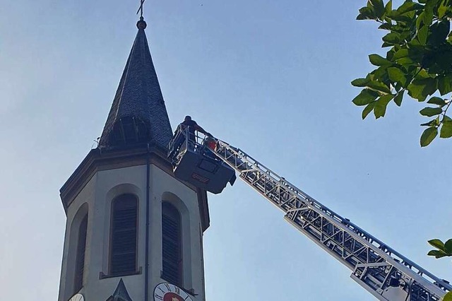 Die Feuerwehr birgt zwei tote Kken im...beiden Vgel lag tot in der Dachrinne.  | Foto: Roland Neininger