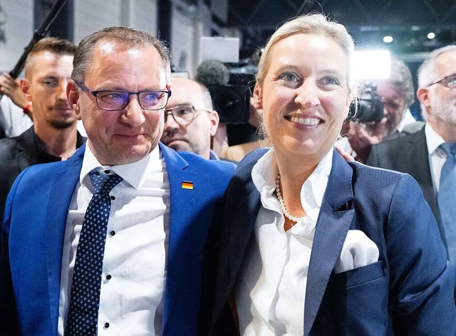 Tino Chrupalla (l), AfD-Bundesvorsitze..., gleichberechtigten Bundessprecherin.  | Foto: Sebastian Kahnert (dpa)