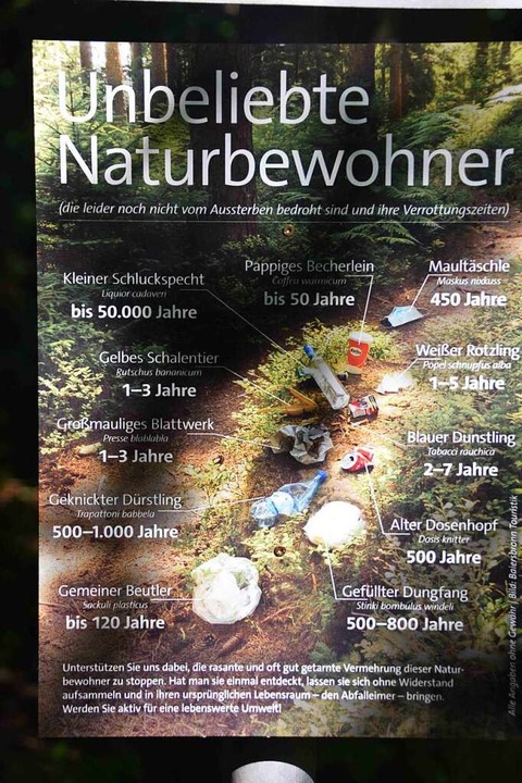Der Schwarzwaldverein klärt mit solche...: So lange bleibt Müll im Wald liegen.  | Foto: Roland Christ