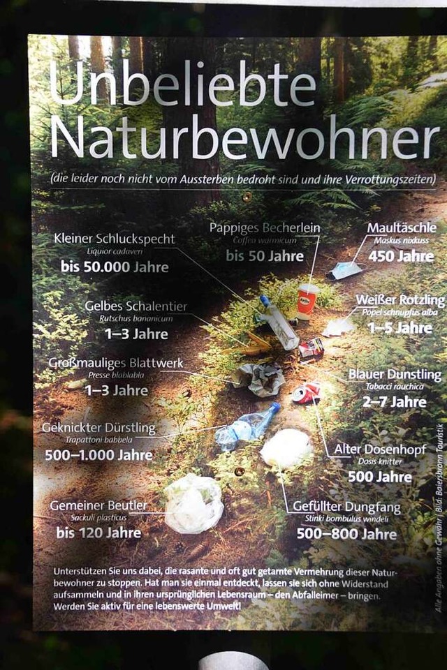 Der Schwarzwaldverein klrt mit solche...: So lange bleibt Mll im Wald liegen.  | Foto: Roland Christ