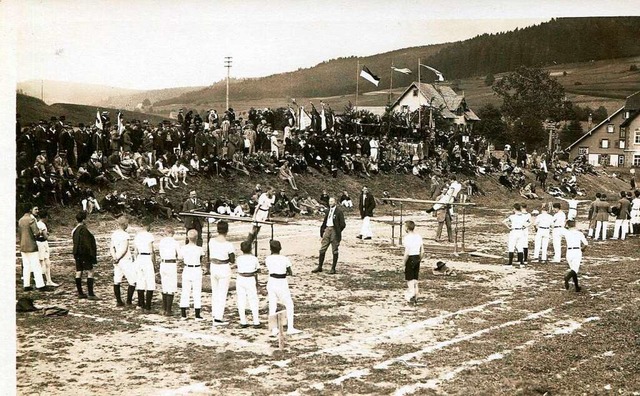 Schauturnen nach 1900  auf dem Eisweih...e, im Hintergrund  das Reichenbachtal.  | Foto: Archiv Roland Weis