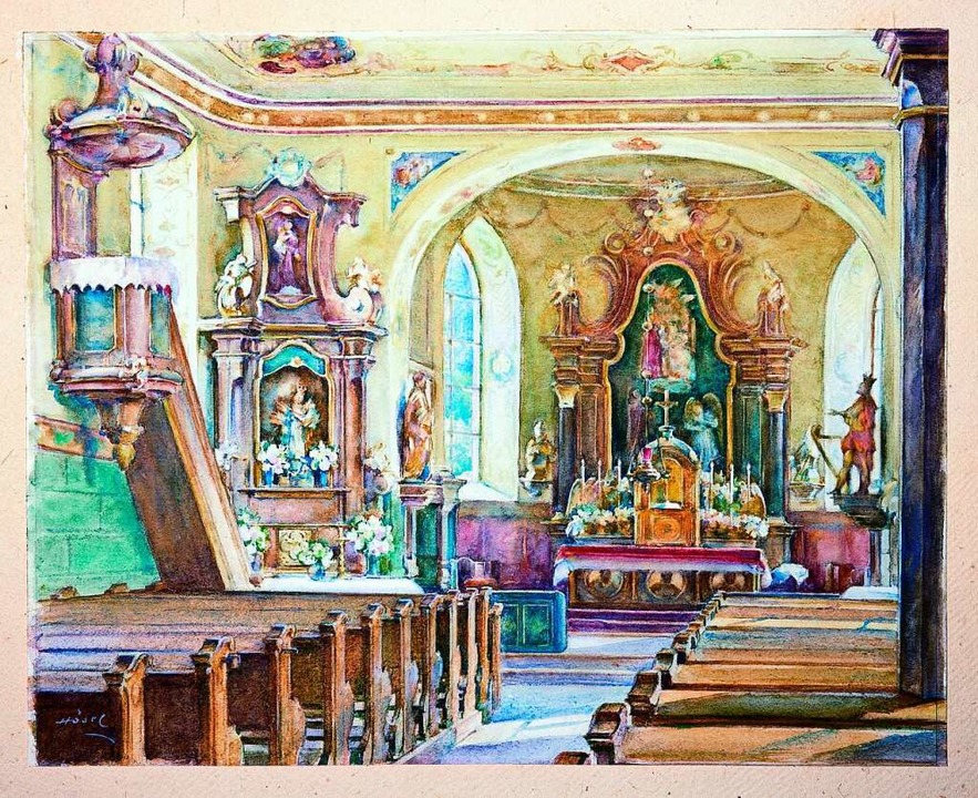 Ein Gemälde zeigt die ursprüngliche ba...tung der früheren katholischen Kirche.  | Foto: Fotoarchiv evangelische Kirchengemeinde