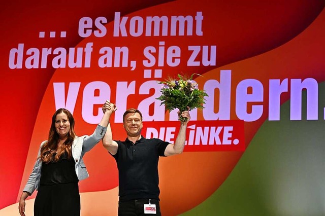 Janine Wissler und Martin Schirdewan  ...teitag der Linken in der Messe Erfurt.  | Foto: Martin Schutt (dpa)