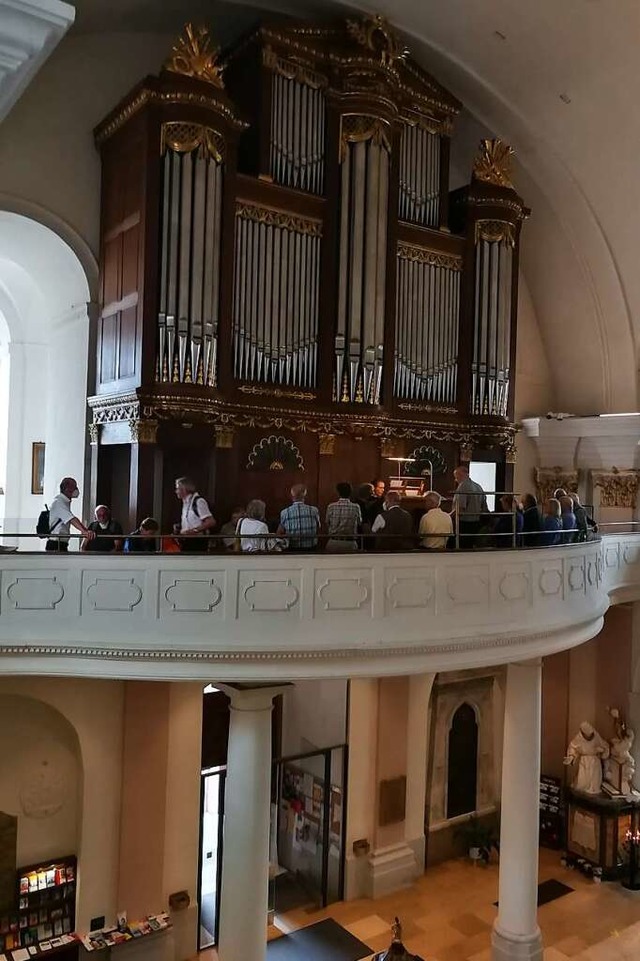 Die Reisegruppe ist versammelt um den Spieltisch der Stieffell-Orgel in Rastatt.  | Foto: Stephan Hoferer