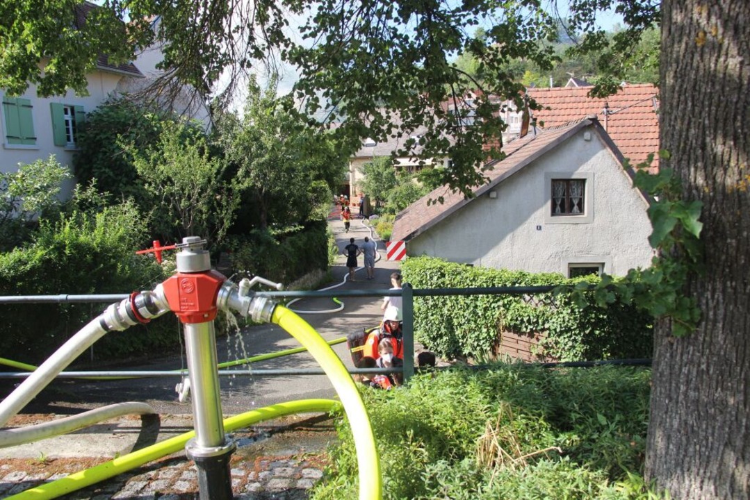Zu Hydranten wurden Feuerwehrschläuche...e Löschtrupps mit Wasser zu versorgen.  | Foto: Horst David
