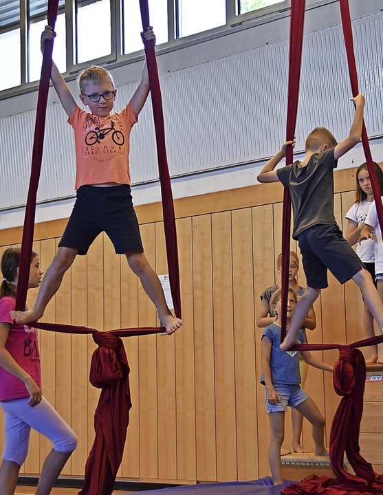 Volle Konzentration bei Übungen am Vertikaltuch in der Turnhalle  | Foto: Franziska Kleintges