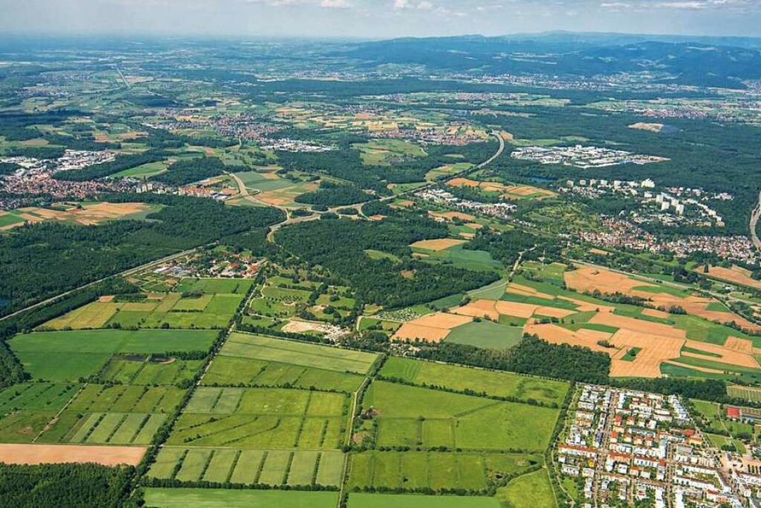 Das Frohnholz-Areal, nach dem der Beba...Unten rechts der Stadtteil Rieselfeld.  | Foto: Nils Theurer