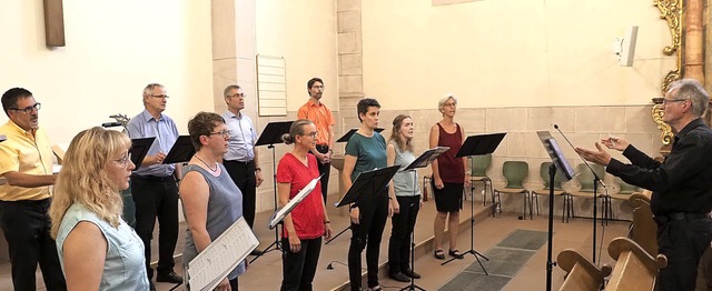 Der Chor Tonart um Dirigent Ekkehard W...r  evangelischen Kirche in Kenzingen.   | Foto: Michael Haberer