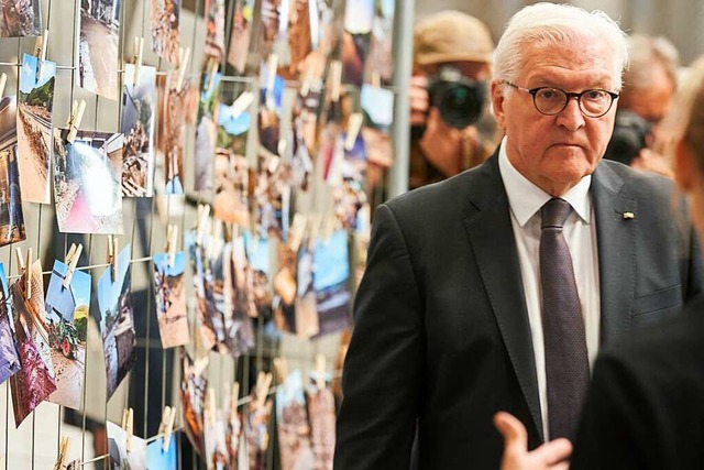 Bundesprsident Frank-Walter Steinmeie...h  ber den Stand des Wiederaufbaus.    | Foto: Thomas Frey (dpa)