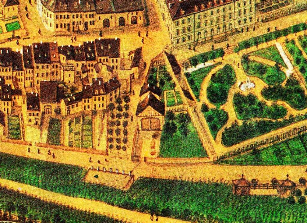 Ausschnitt aus dem Lerch-Plan von 1852...hts der Park des Collegium Borromaeum.  | Foto: J. Scheck (Repro)