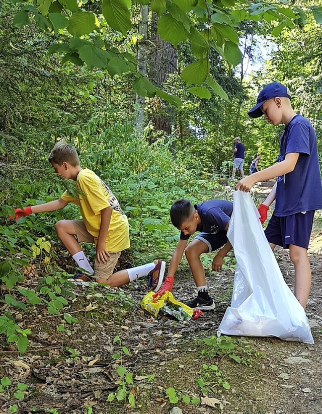 Mit Handschuhen und Mllbeuteln ausges...urde Mll in der Landschaft gesammelt.  | Foto: GMS Schnau