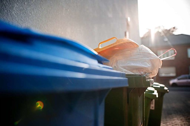 Wenn Mlltonnen den Gehweg blockieren, kann man das Landratsamt informieren.  | Foto: Fabian Strauch (dpa)