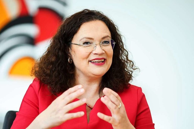 Andrea Nahles bei einem Interview-Termin mit Journalisten  | Foto: Daniel Karmann (dpa)