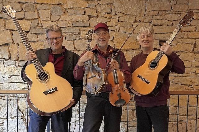 Drei Zupfinstrumentalisten geben ein Gartenkonzert in der Galerie Linda Treiber