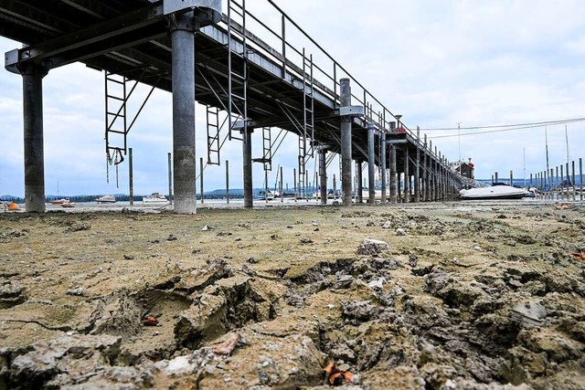 Mehrere Boote liegen im Hafen von Iznang, der zum groen Teil trocken liegt.  | Foto: Felix Kstle (dpa)