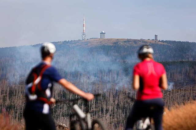 Mit Lschhubschraubern wird das Feuer am Brocken bekmpft.  | Foto: Matthias Bein (dpa)