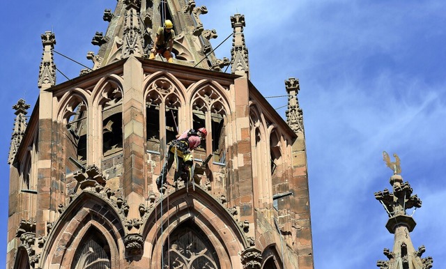 Industriekletterer inspizieren derzeit den sdlichen Hahnenturm des Mnsters.  | Foto: Ingo Schneider