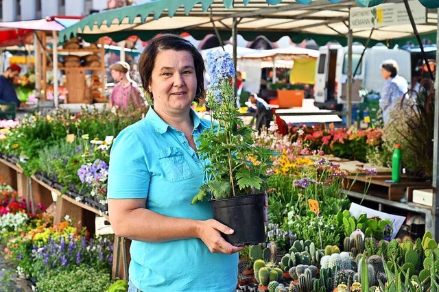 Iryna Holubnyk mit einer Topfpflanze auf dem Mnstermarkt.  | Foto: Thomas Kunz
