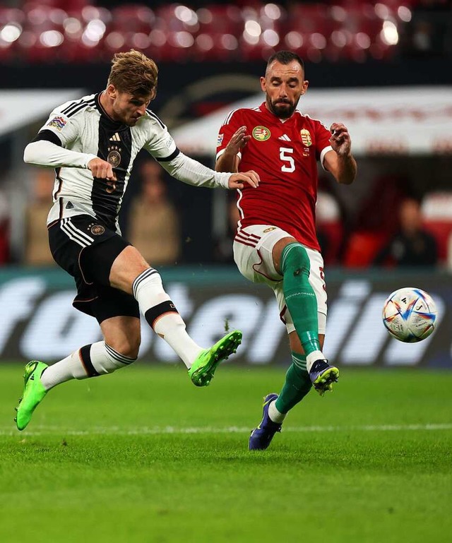 Der Deutsche Timo Werner (l.) und der Ungar Attila Fiola in Aktion.  | Foto: Christian Charisius (dpa)