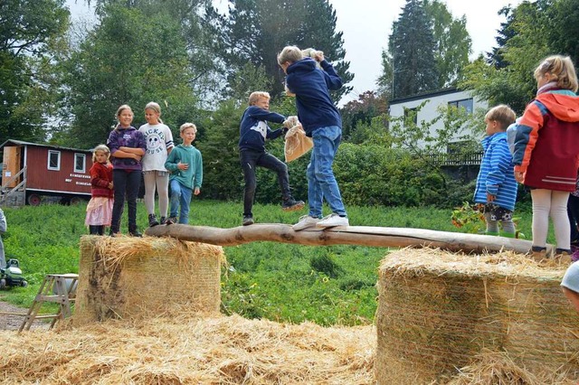 Spa hatten die Kinder  beim Sackkmpfen auf dem Holzbalken.  | Foto: Edgar Steinfelder